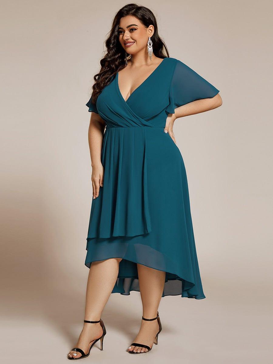 Flowy Ruffles Sleeve V-Neck A-Line Midi Chiffon Wedding Guest Dress #color_Teal