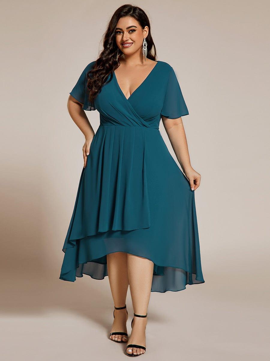 Flowy Ruffles Sleeve V-Neck A-Line Midi Chiffon Wedding Guest Dress #color_Teal