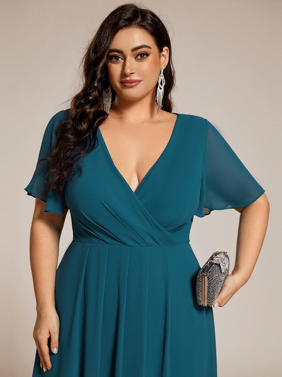 Flowy Ruffles Sleeve V-Neck A-Line Midi Chiffon Wedding Guest Dress #color_Teal