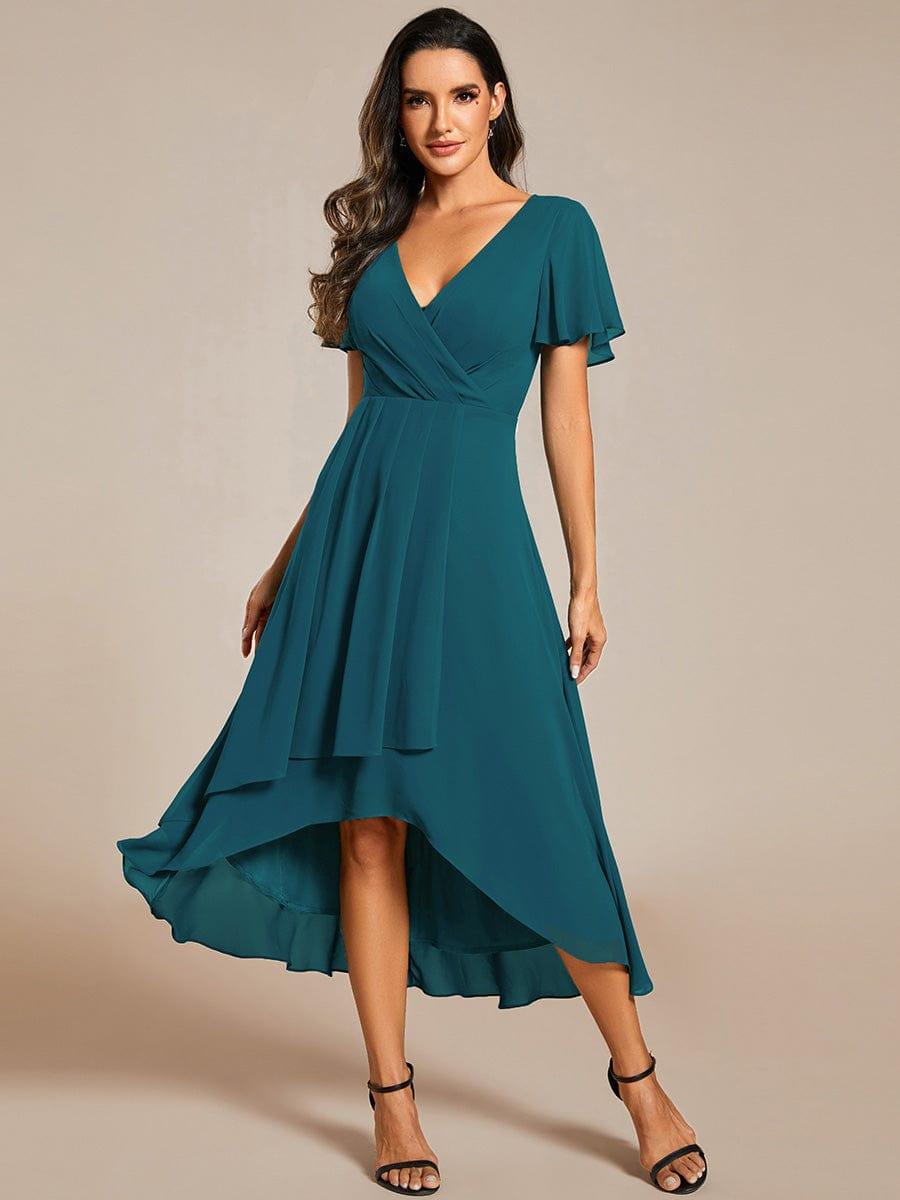 Flowy Ruffles Sleeve V-Neck A-Line Midi Chiffon Wedding Guest Dress #color_Teal