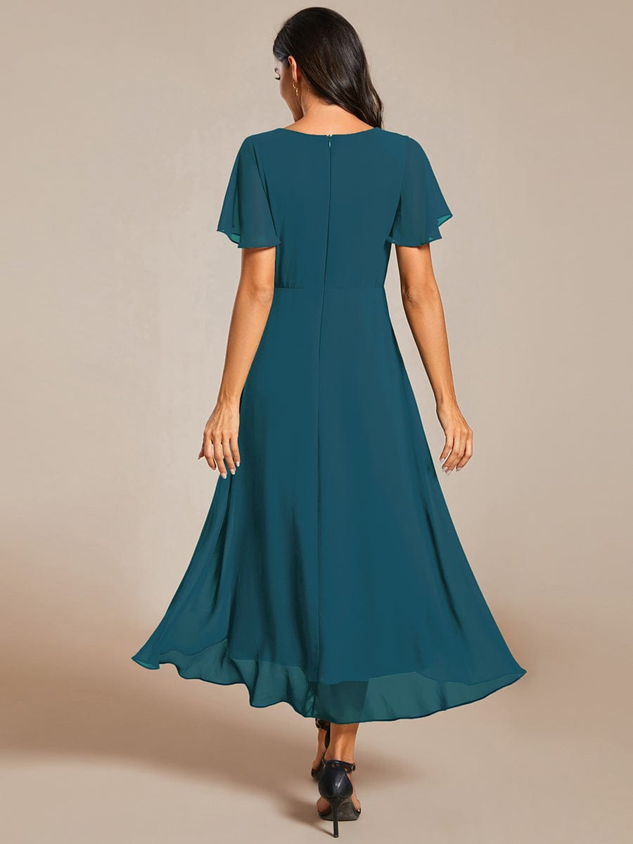 Flowy Ruffles Sleeve V-Neck A-Line Midi Chiffon Wedding Guest Dress #color_Teal