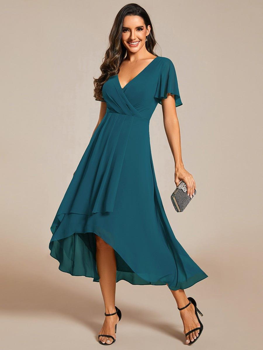 Flowy Ruffles Sleeve V-Neck A-Line Midi Chiffon Wedding Guest Dress #color_Teal