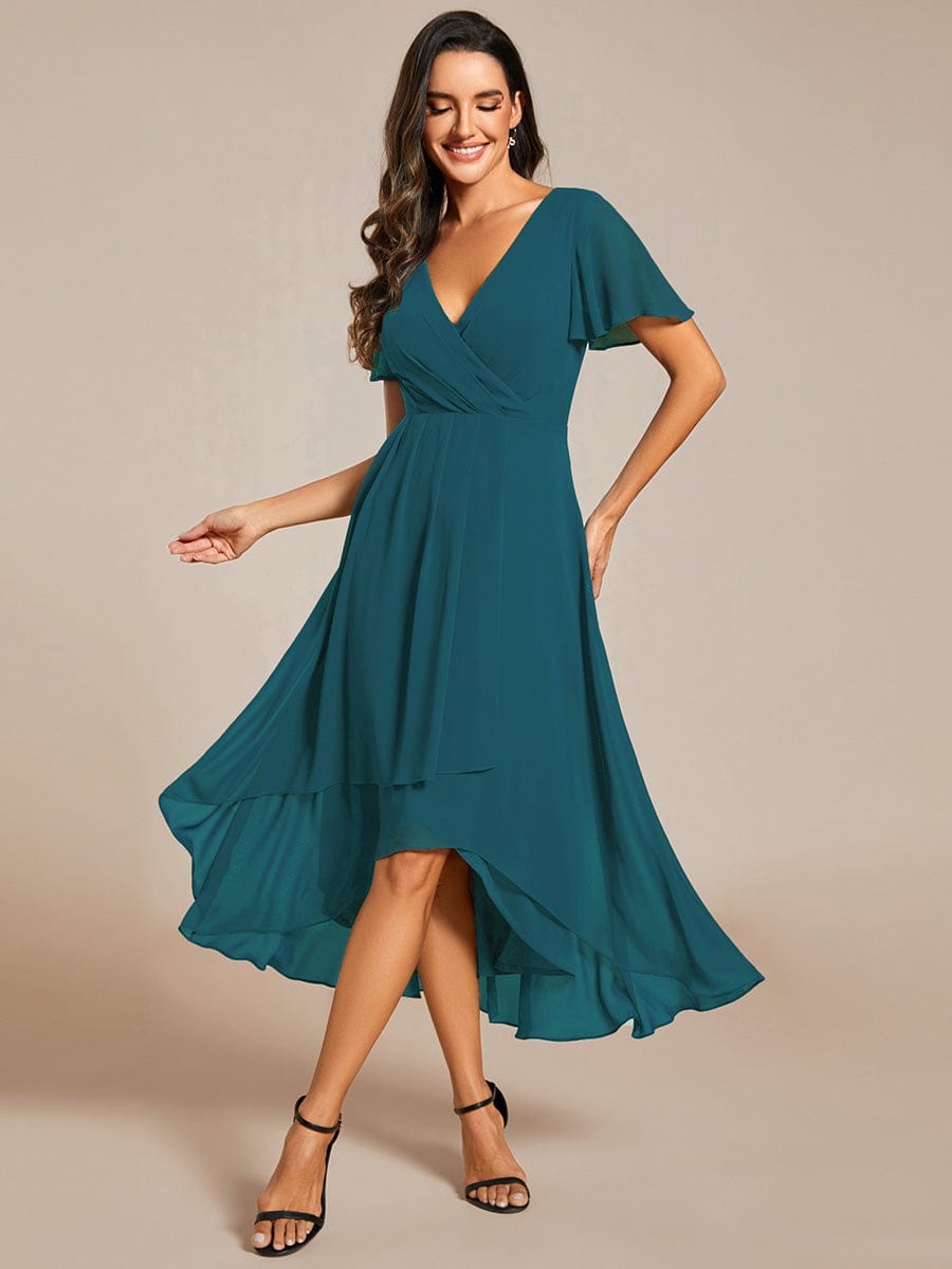 Flowy Ruffles Sleeve V-Neck A-Line Midi Chiffon Wedding Guest Dress #color_Teal