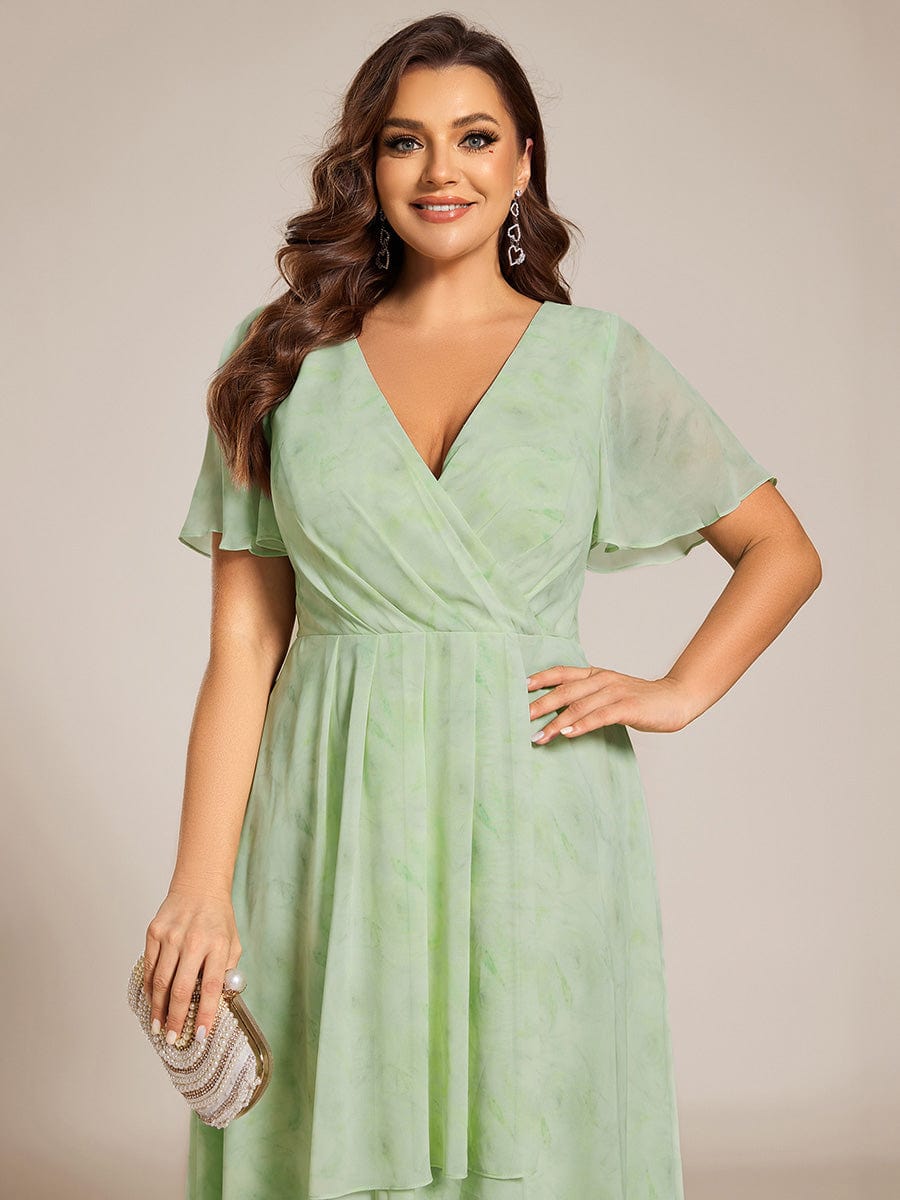 Pleated Chiffon Ruffles Sleeve Midi Bridesmaid Dress #color_Light Green Roses