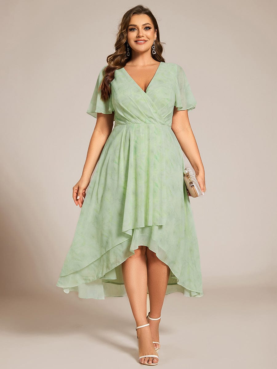 Plus Size Chiffon Short Sleeves Pleated V-Neck A-Line Midi Wedding Guest Dress  #color_Light Green Roses