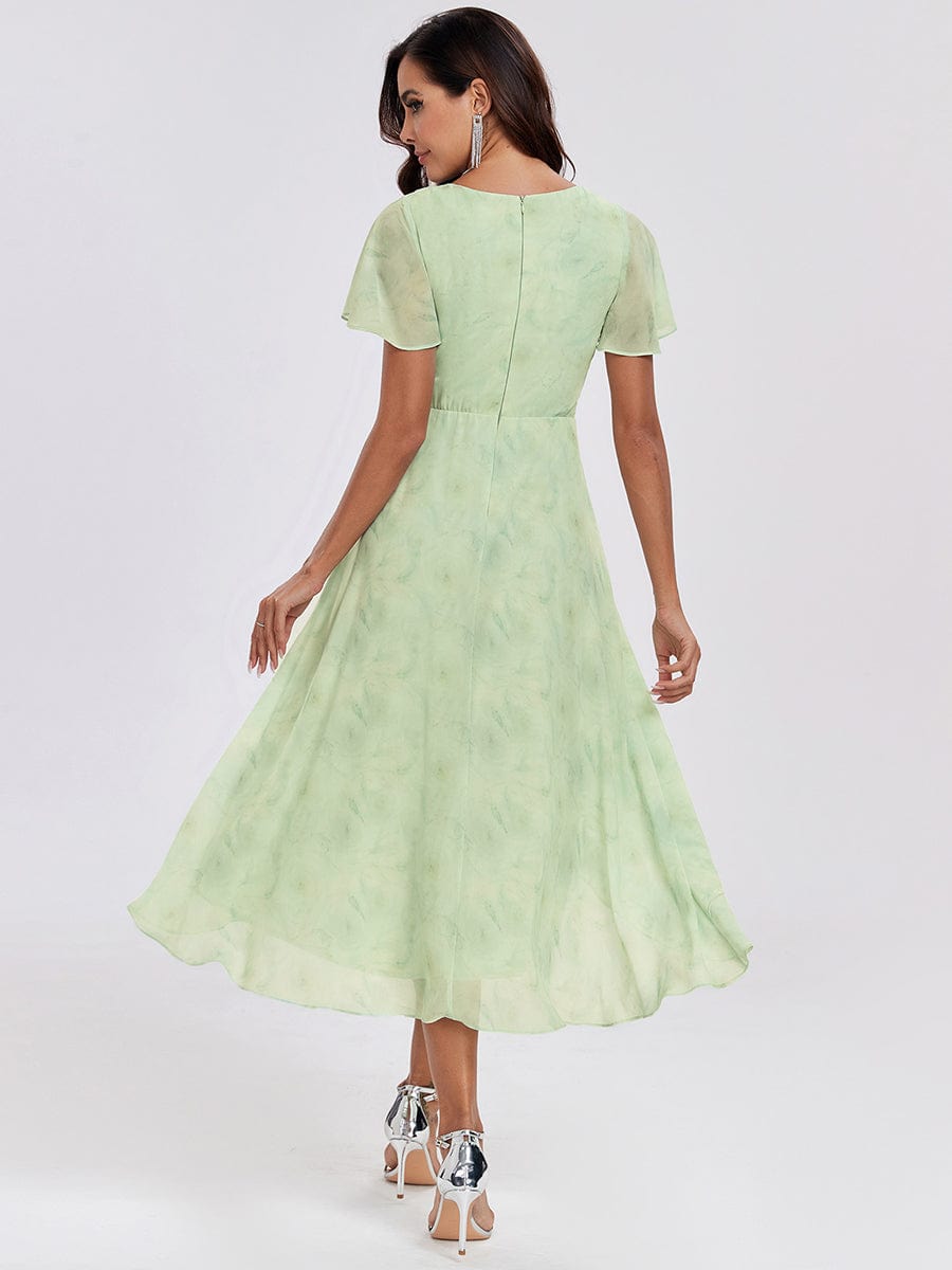 Pleated Chiffon Ruffles Sleeve Midi Bridesmaid Dress #color_Light Green Roses