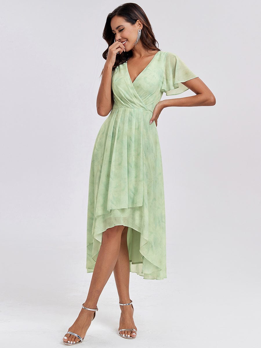 Pleated Chiffon Ruffles Sleeve Midi Bridesmaid Dress #color_Light Green Roses