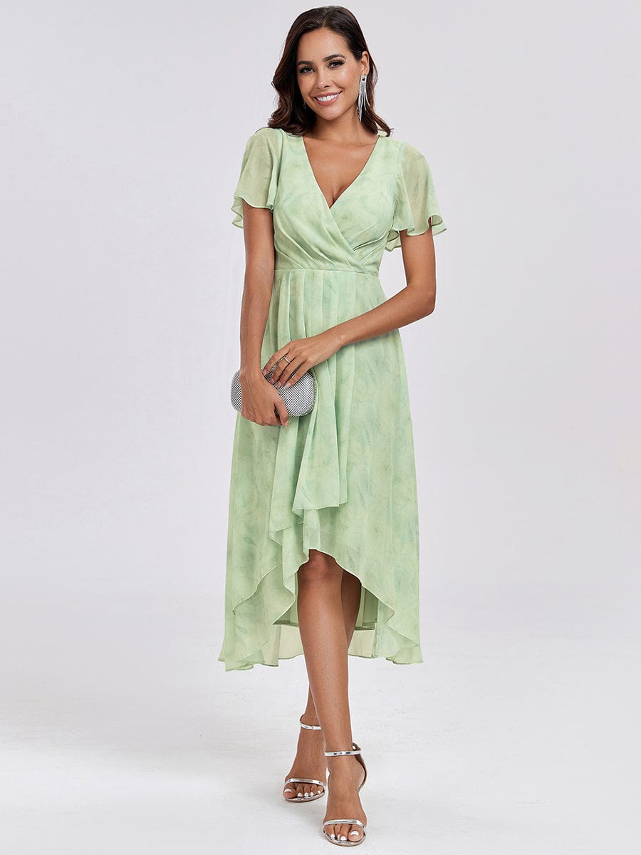 Pleated Chiffon Ruffles Sleeve Midi Bridesmaid Dress #color_Light Green Roses