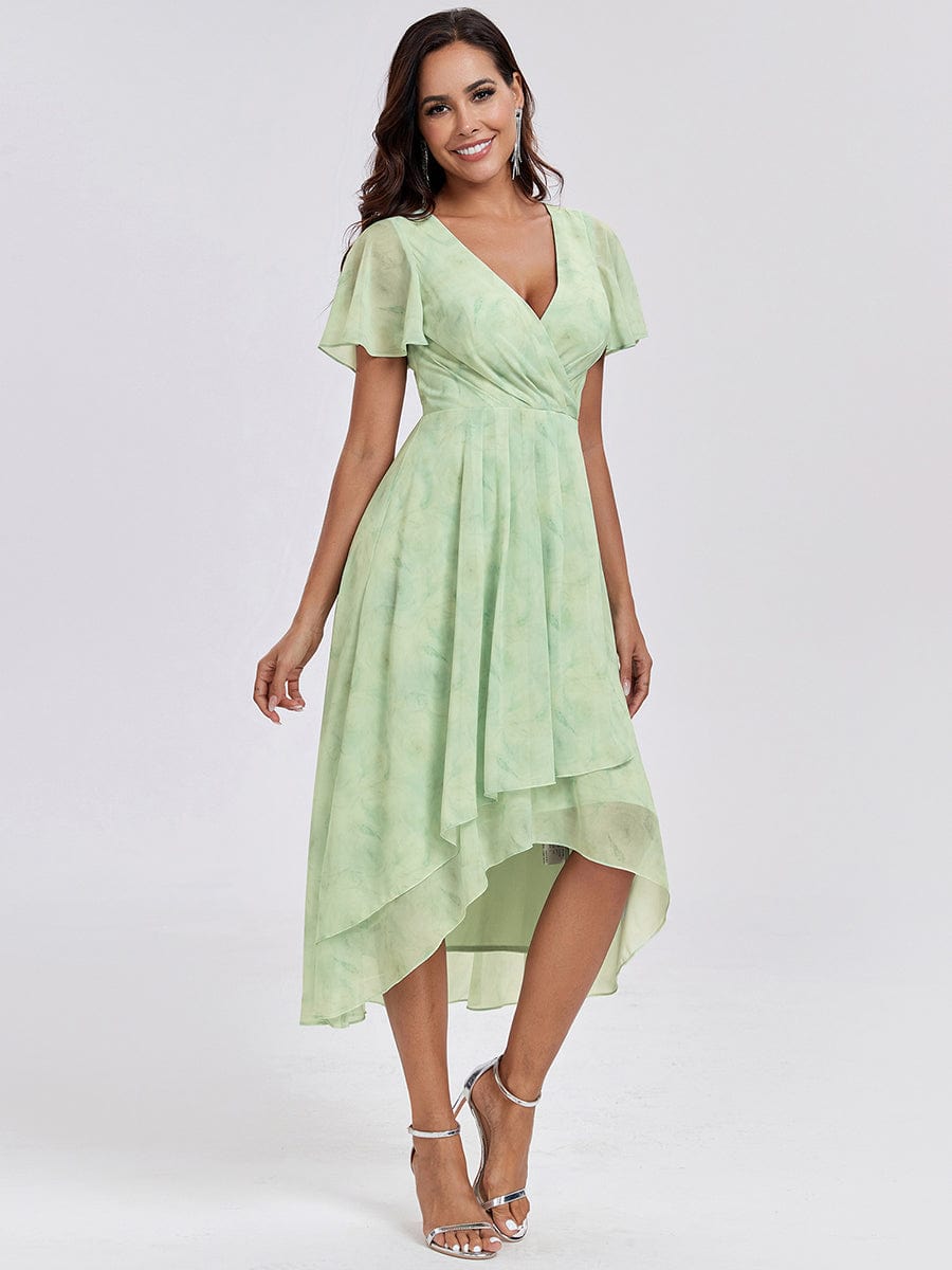 Pleated Chiffon Ruffles Sleeve Midi Bridesmaid Dress #color_Light Green Roses