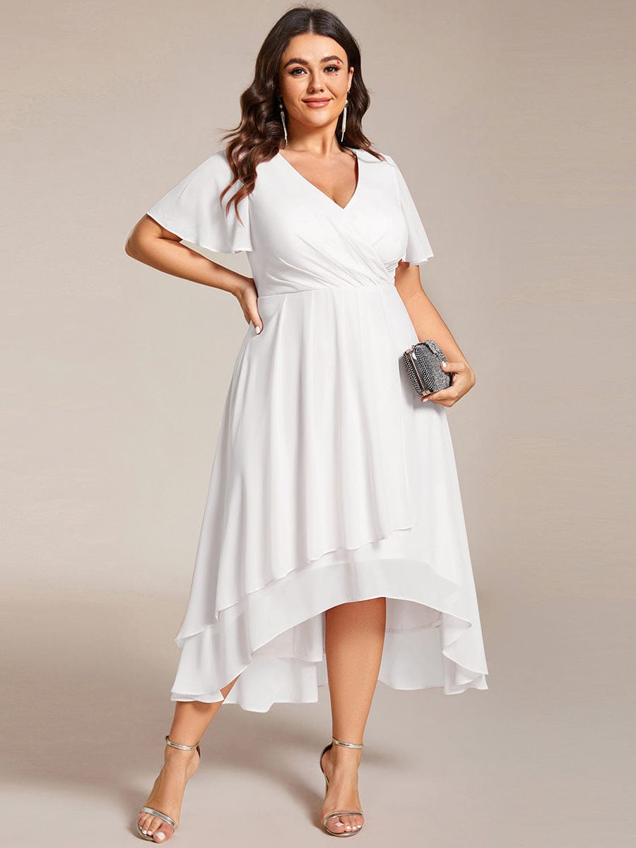 Plus Size Chiffon Short Sleeves Pleated V-Neck A-Line Midi Wedding Guest Dress #color_White