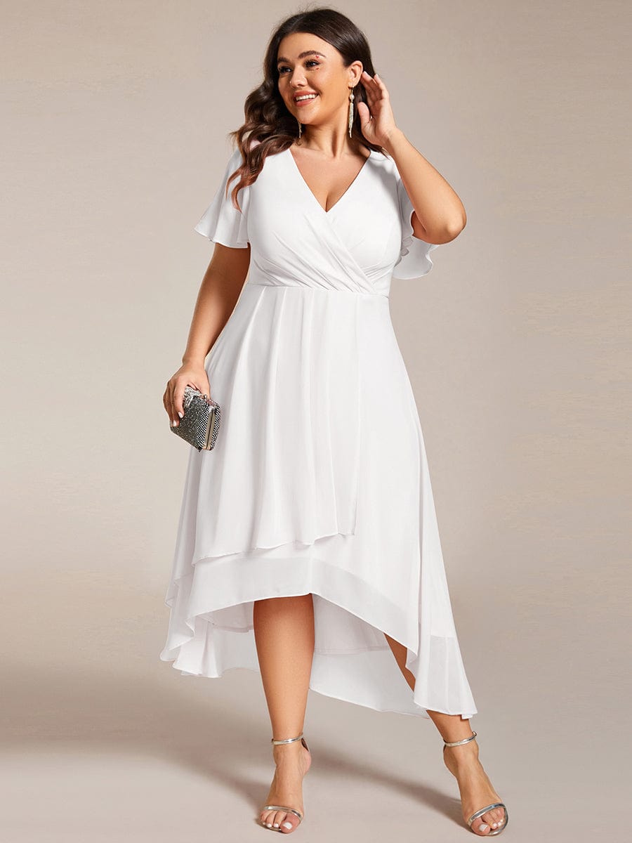 Plus Size Chiffon Short Sleeves Pleated V-Neck A-Line Midi Wedding Guest Dress #color_White