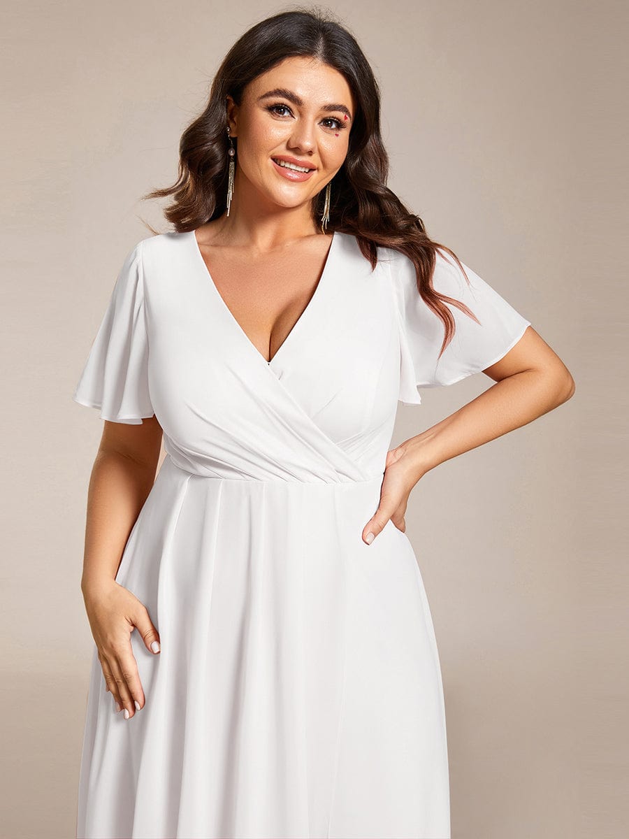 Pleated Chiffon Ruffles Sleeve Midi Bridesmaid Dress #color_White