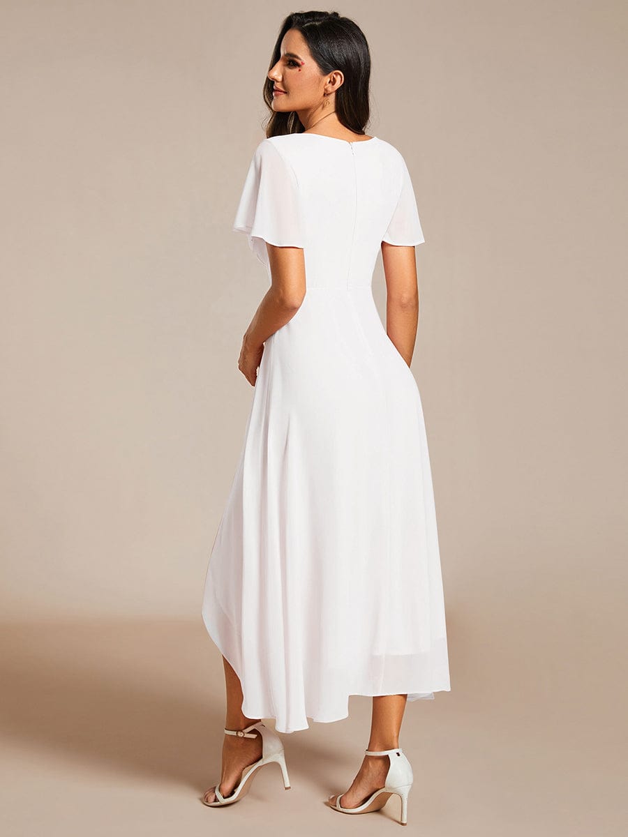 Ruffles Sleeve Pleated V-Neck A-Line Midi Chiffon Wedding Guest Dress #color_White