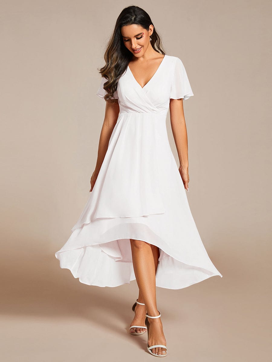 Pleated Chiffon Ruffles Sleeve Midi Bridesmaid Dress #color_White