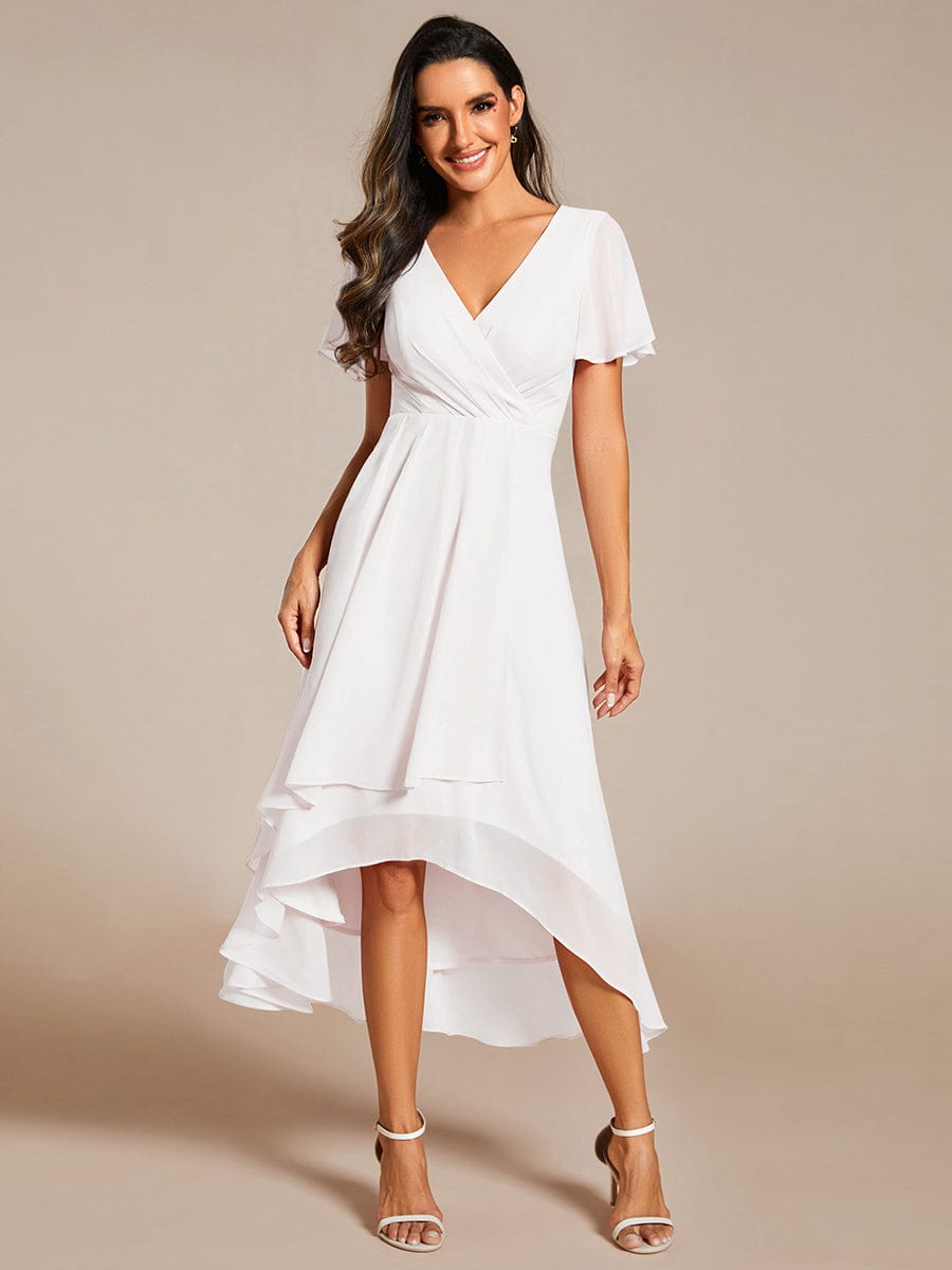 Pleated Chiffon Ruffles Sleeve Midi Bridesmaid Dress #color_White