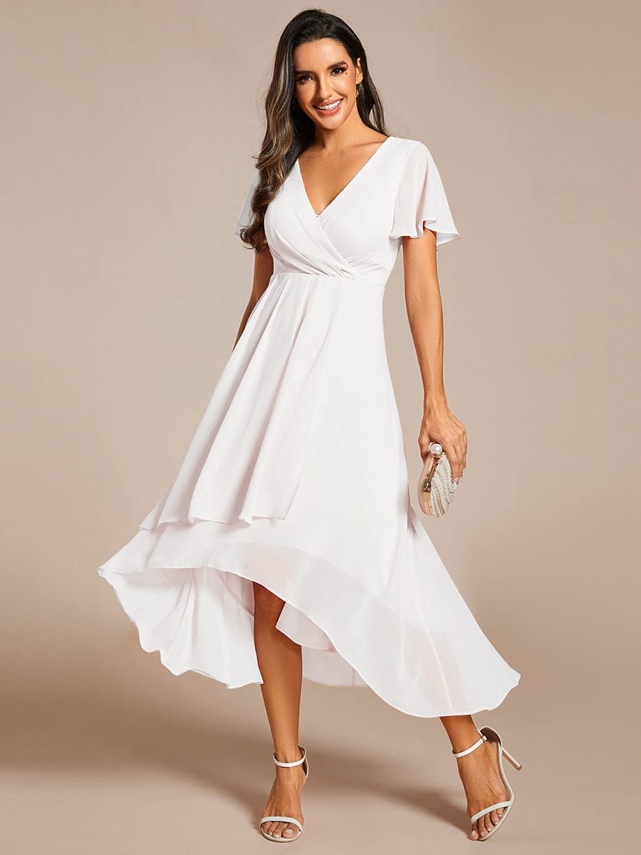 Pleated Chiffon Ruffles Sleeve Midi Bridesmaid Dress #color_White