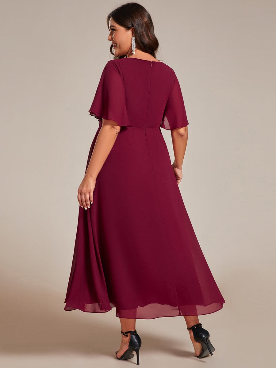 Short Sleeves V-Neck Tea Length Wedding Guest Dress with Floral Applique #color_Burgundy