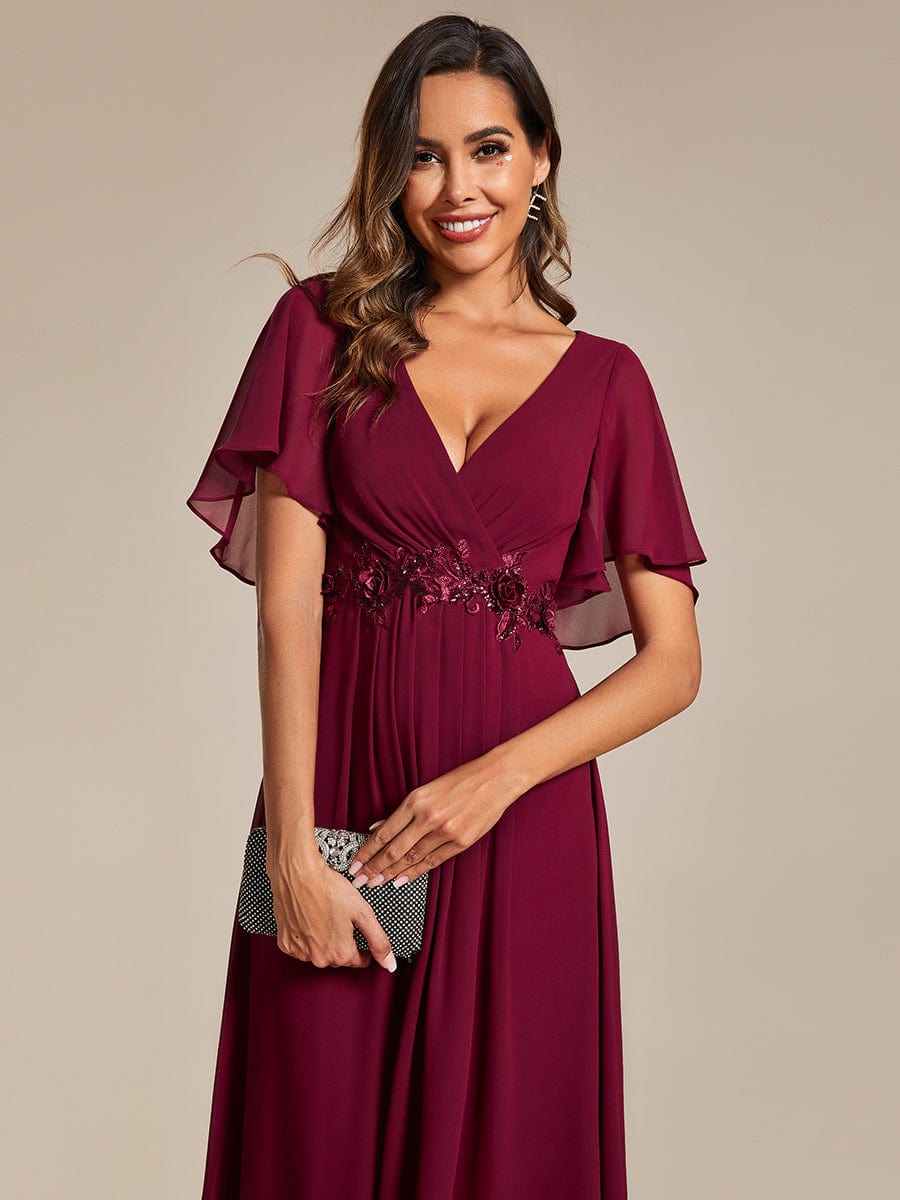 Short Sleeves V-Neck Tea Length Wedding Guest Dress with Floral Applique #color_Burgundy