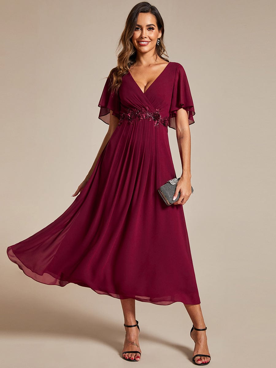 Short Sleeves V-Neck Tea Length Wedding Guest Dress with Floral Applique #color_Burgundy