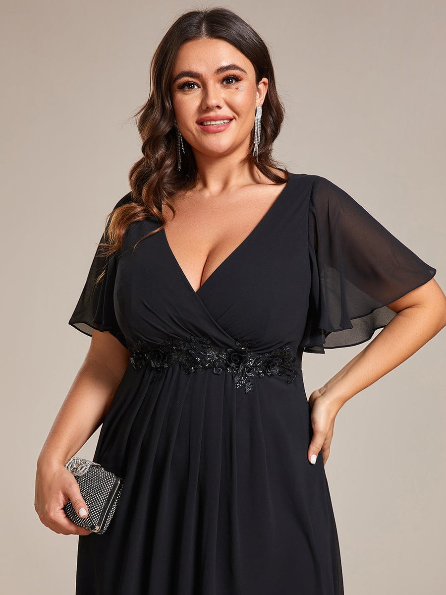 Short Sleeves V-Neck Tea Length Wedding Guest Dress with Floral Applique #color_Black