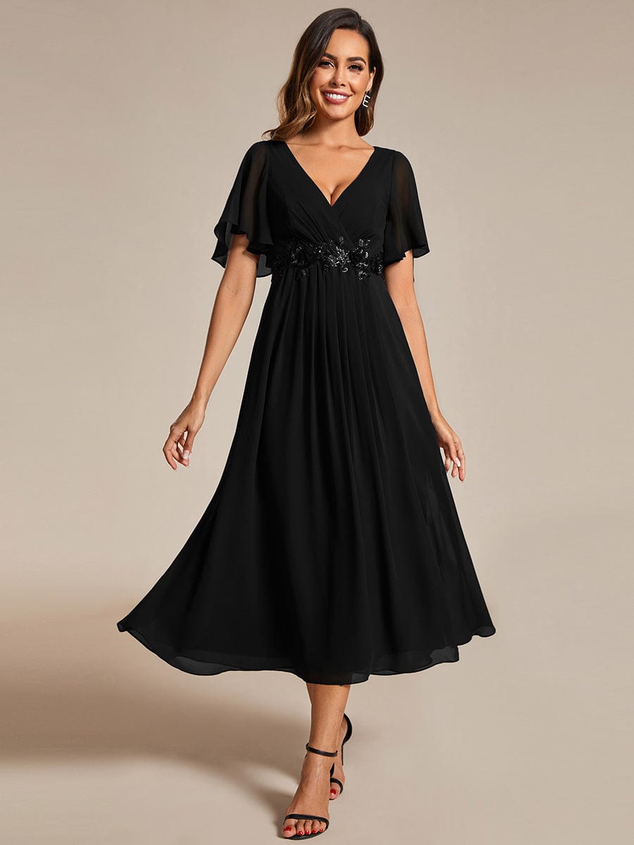 Short Sleeves V-Neck Tea Length Wedding Guest Dress with Floral Applique #color_Black