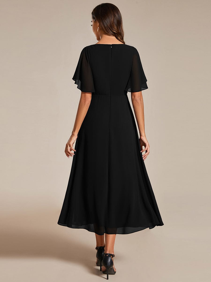 Short Sleeve V Neck Knee Length Mother of the Bride Dress #color_Black