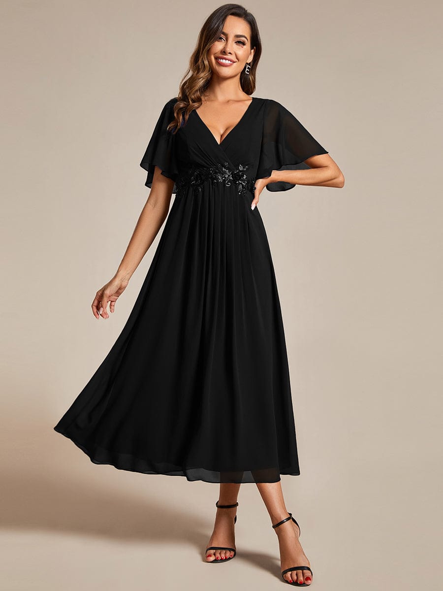 Short Sleeves V-Neck Tea Length Wedding Guest Dress with Floral Applique #color_Black