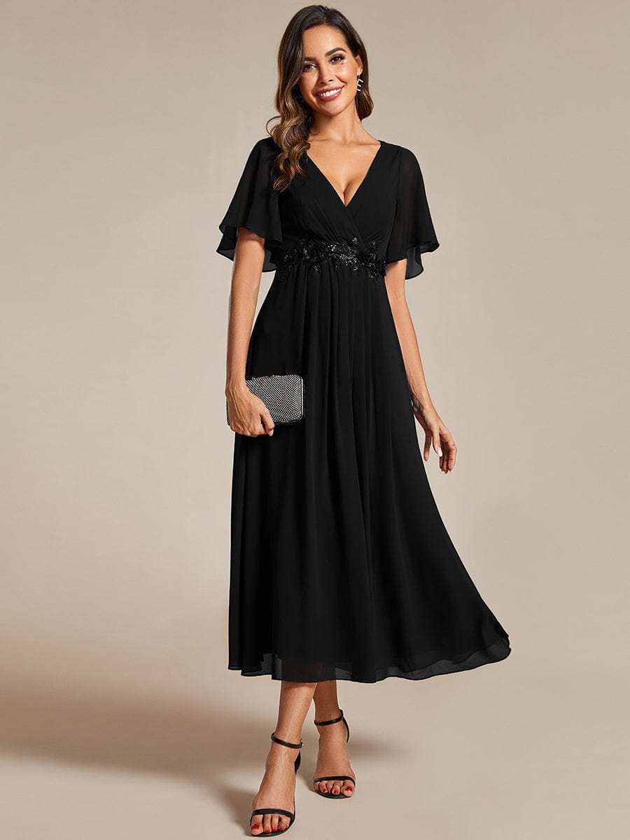 Short Sleeves V-Neck Tea Length Wedding Guest Dress with Floral Applique #color_Black