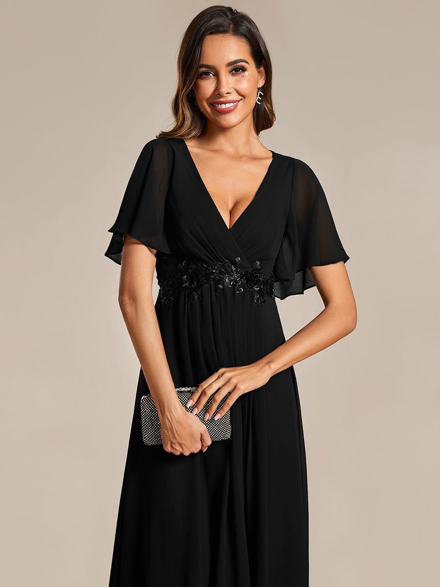 Short Sleeves V-Neck Tea Length Wedding Guest Dress with Floral Applique #color_Black