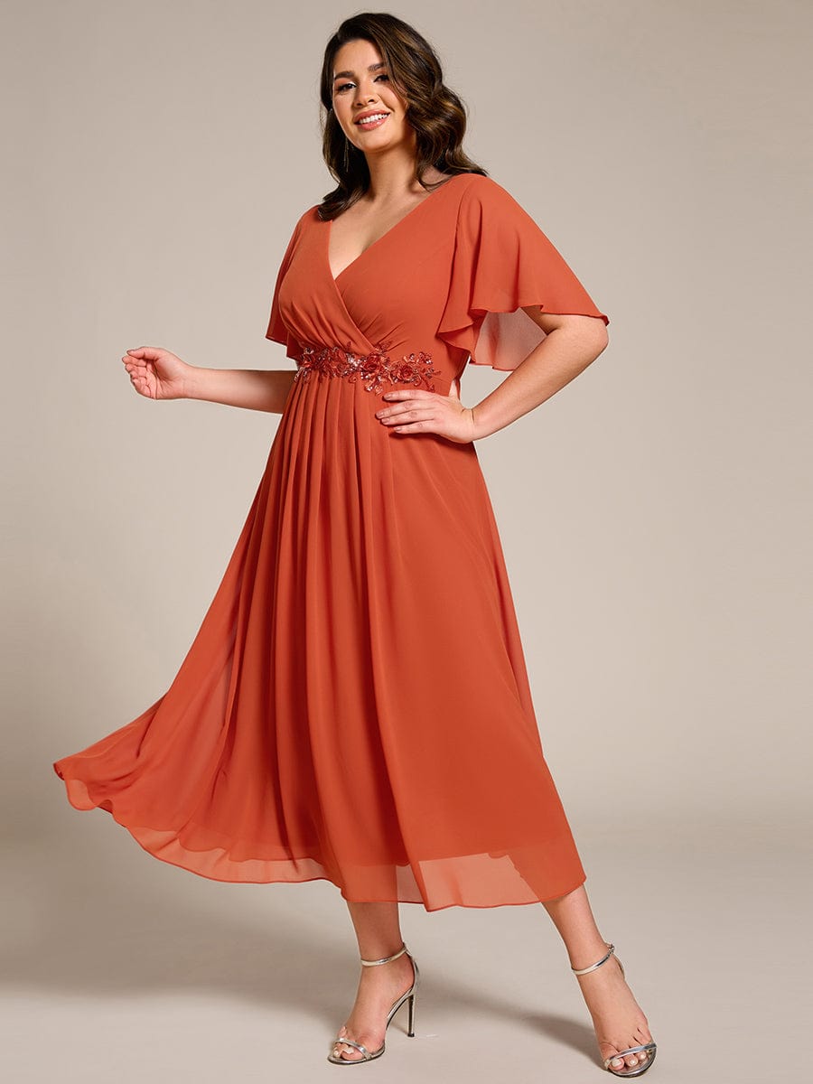 Plus Size Elegant Short Sleeves V-Neck Floral Applique Wedding Guest Dress  #color_Burnt Orange