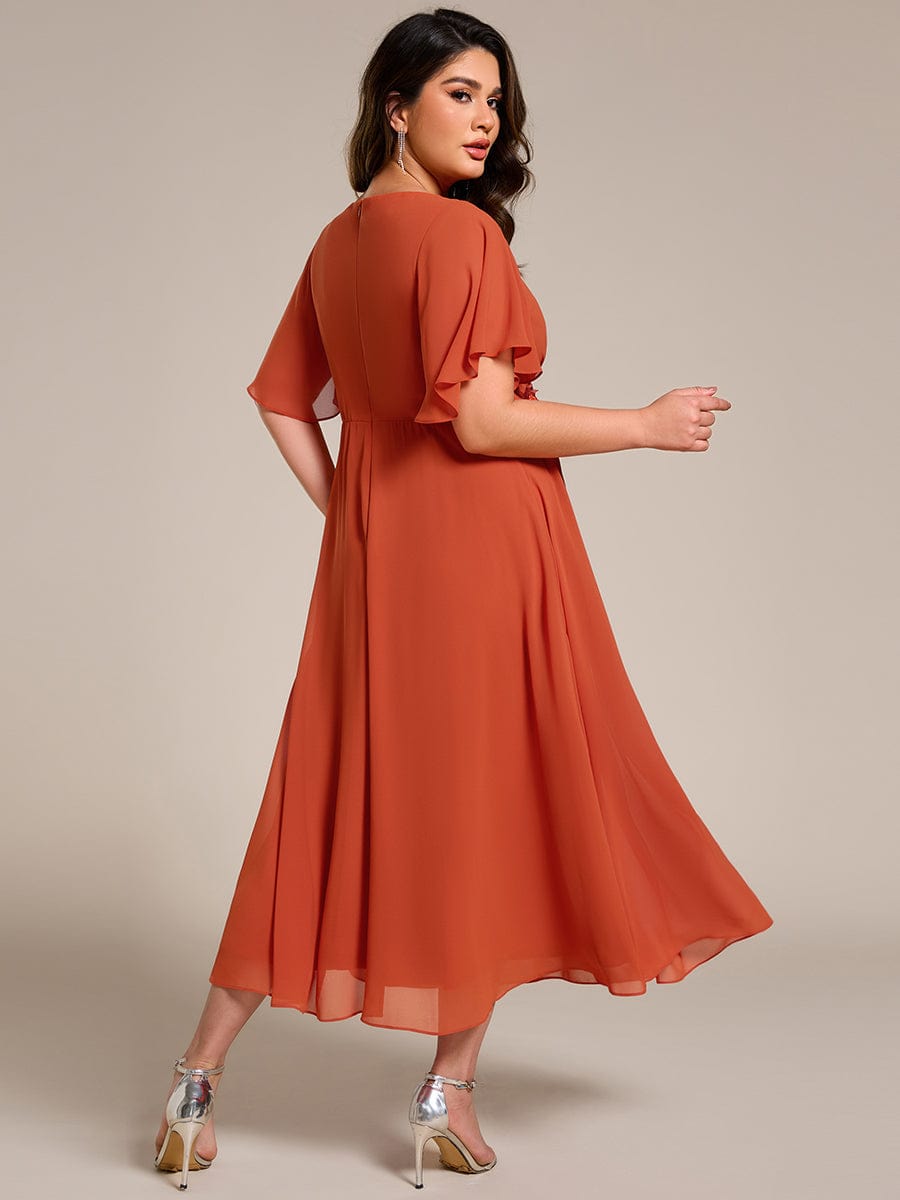 Short Sleeve V Neck Knee Length Mother of the Bride Dress #color_Burnt Orange