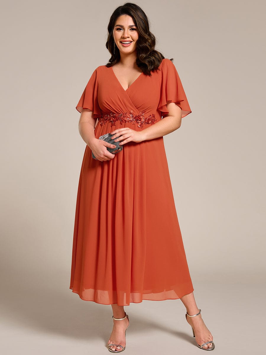 Plus Size Elegant Short Sleeves V-Neck Floral Applique Wedding Guest Dress  #color_Burnt Orange