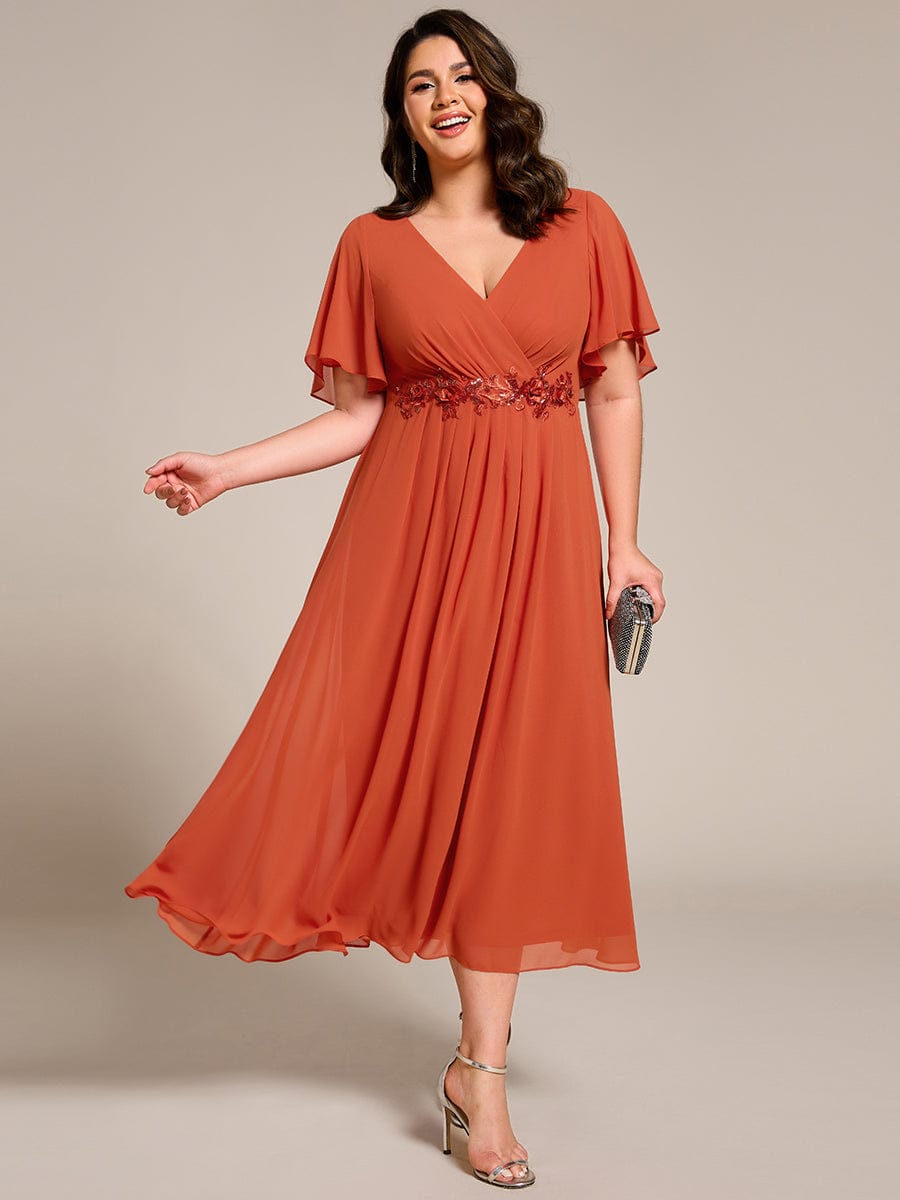 Plus Size Elegant Short Sleeves V-Neck Floral Applique Wedding Guest Dress  #color_Burnt Orange