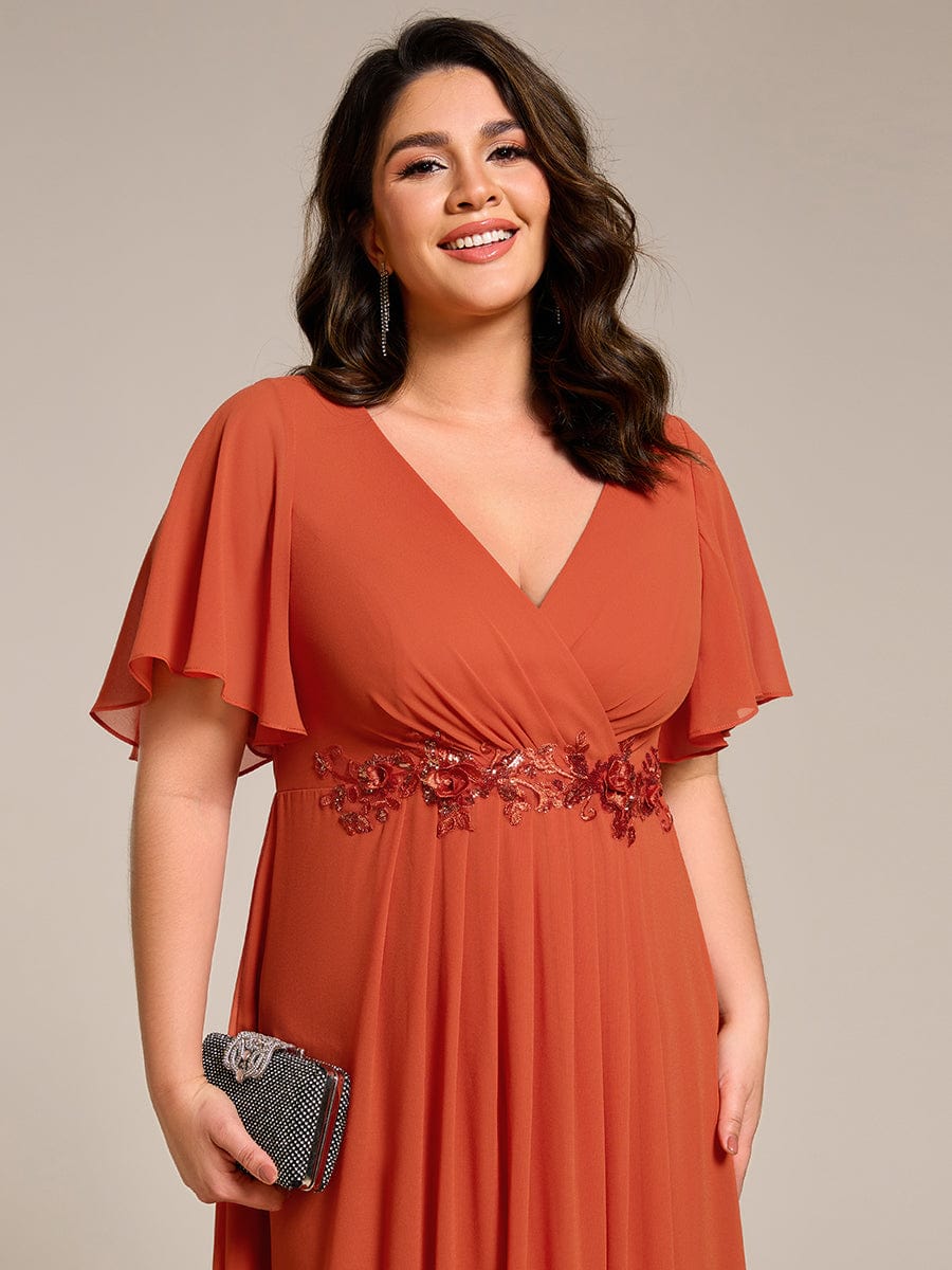 Plus Size Elegant Short Sleeves V-Neck Floral Applique Wedding Guest Dress  #color_Burnt Orange