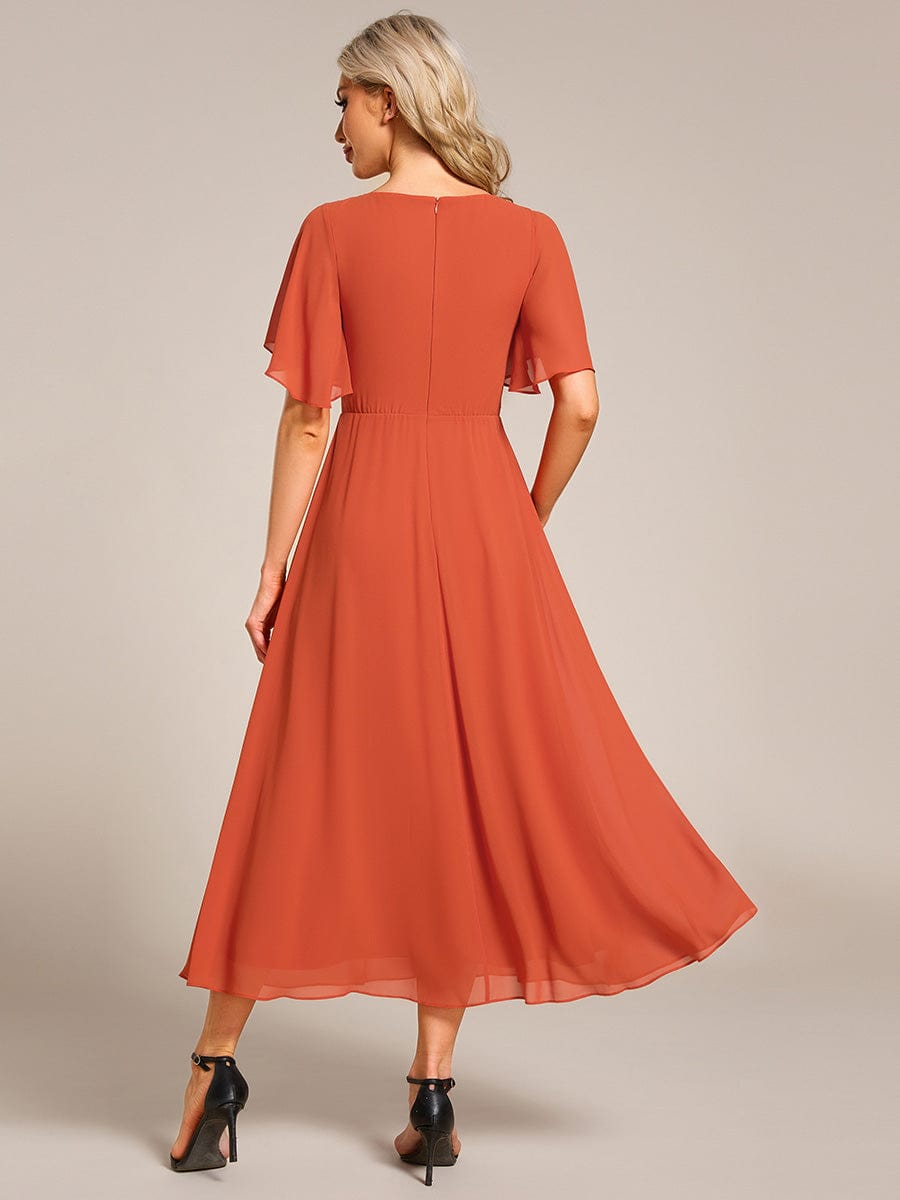 Short Sleeve V Neck Knee Length Mother of the Bride Dress #color_Burnt Orange