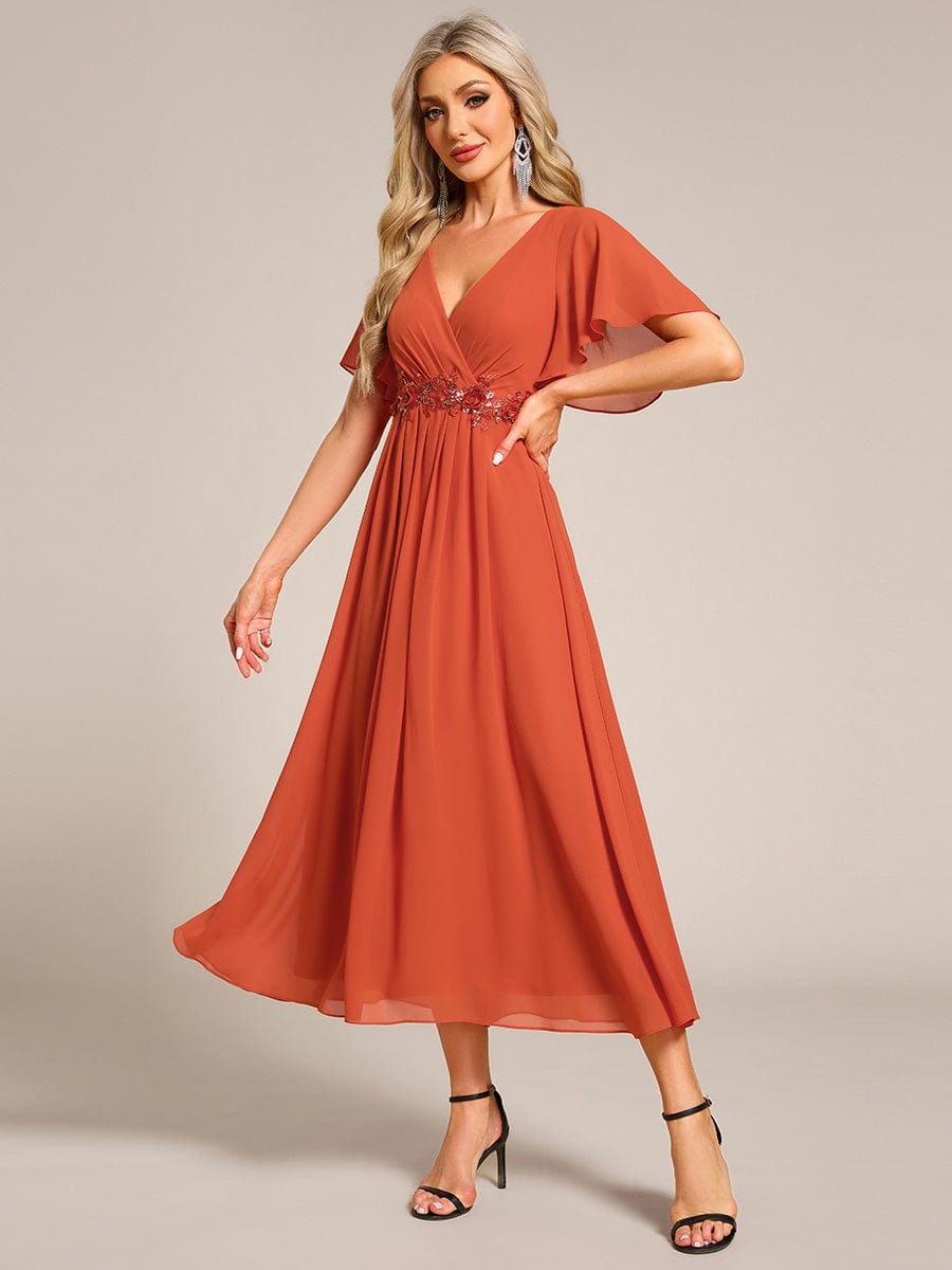 Short Sleeves V-Neck Tea Length Wedding Guest Dress with Floral Applique #color_Burnt Orange