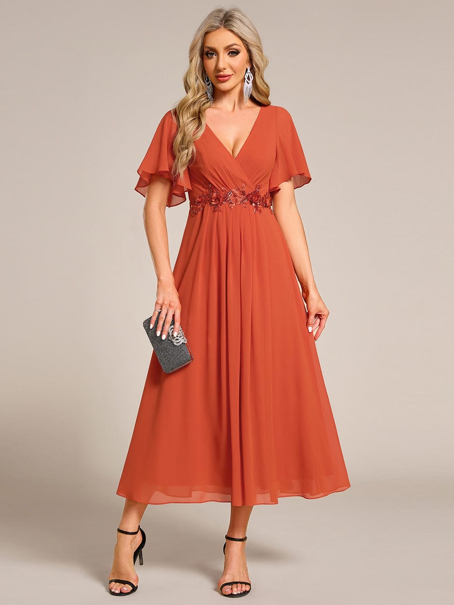 Short Sleeve V Neck Knee Length Mother of the Bride Dress #color_Burnt Orange