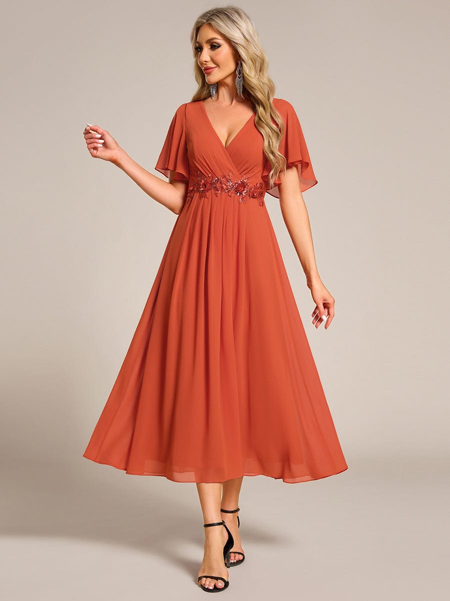 Short Sleeve V Neck Knee Length Mother of the Bride Dress #color_Burnt Orange