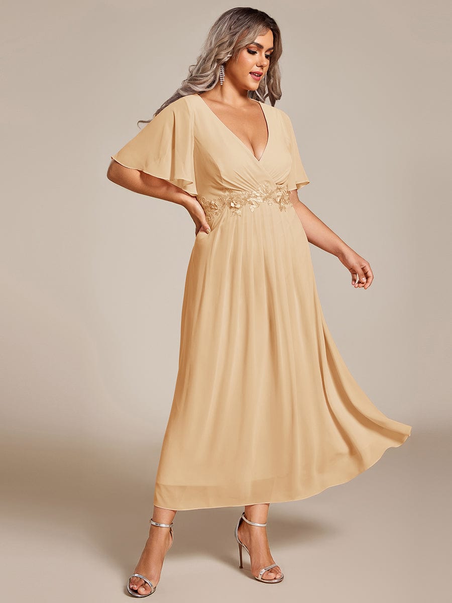 Short Sleeve V Neck Knee Length Mother of the Bride Dress #color_Champagne