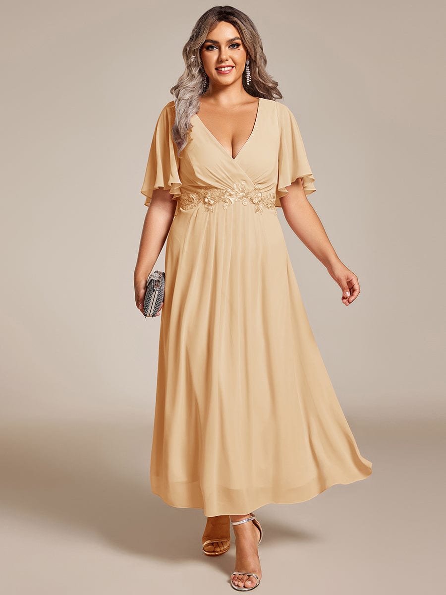 Short Sleeve V Neck Knee Length Mother of the Bride Dress #color_Champagne