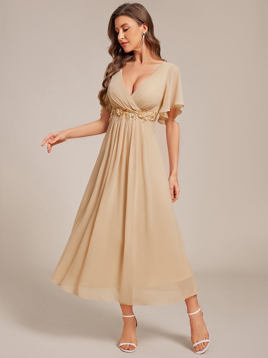 Short Sleeves V-Neck Tea Length Wedding Guest Dress with Floral Applique #color_Champagne