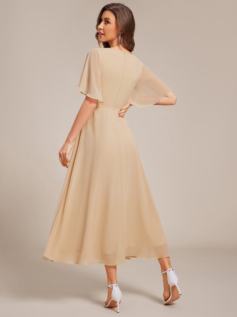 Short Sleeve V Neck Knee Length Mother of the Bride Dress #color_Champagne