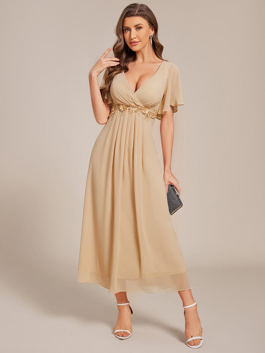 Short Sleeves V-Neck Tea Length Wedding Guest Dress with Floral Applique #color_Champagne