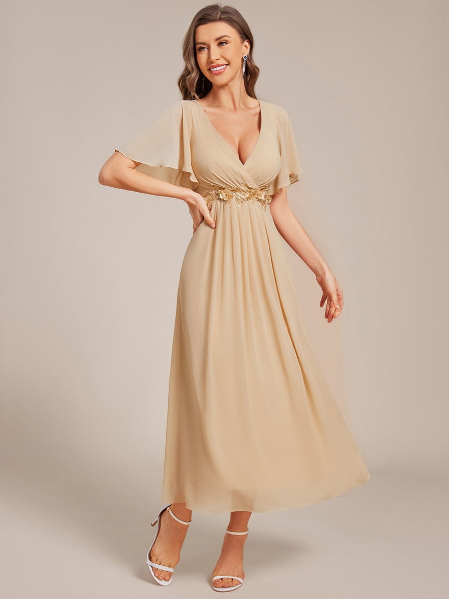 Short Sleeve V Neck Knee Length Mother of the Bride Dress #color_Champagne