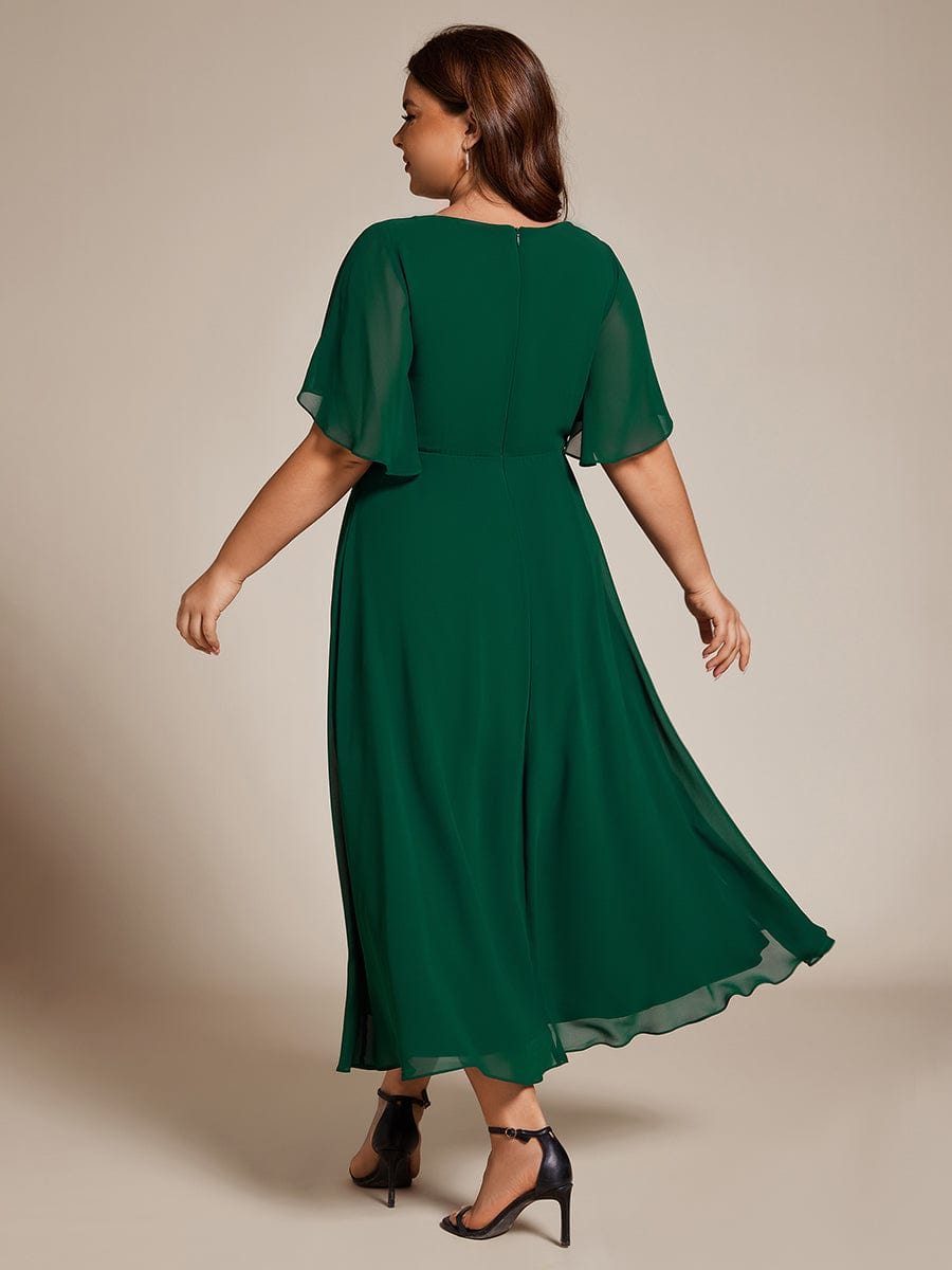 Short Sleeves V-Neck Tea Length Wedding Guest Dress with Floral Applique #color_Dark Green