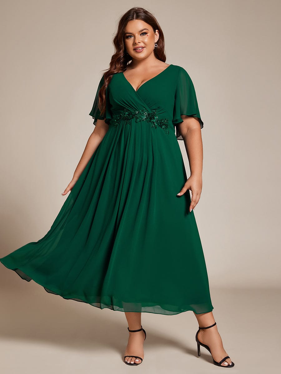 Short Sleeves V-Neck Tea Length Wedding Guest Dress with Floral Applique #color_Dark Green