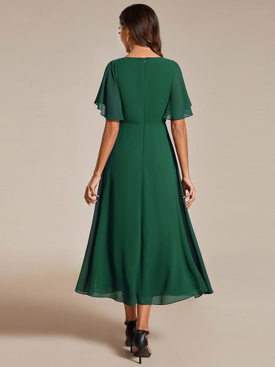 Short Sleeve V Neck Knee Length Mother of the Bride Dress #color_Dark Green