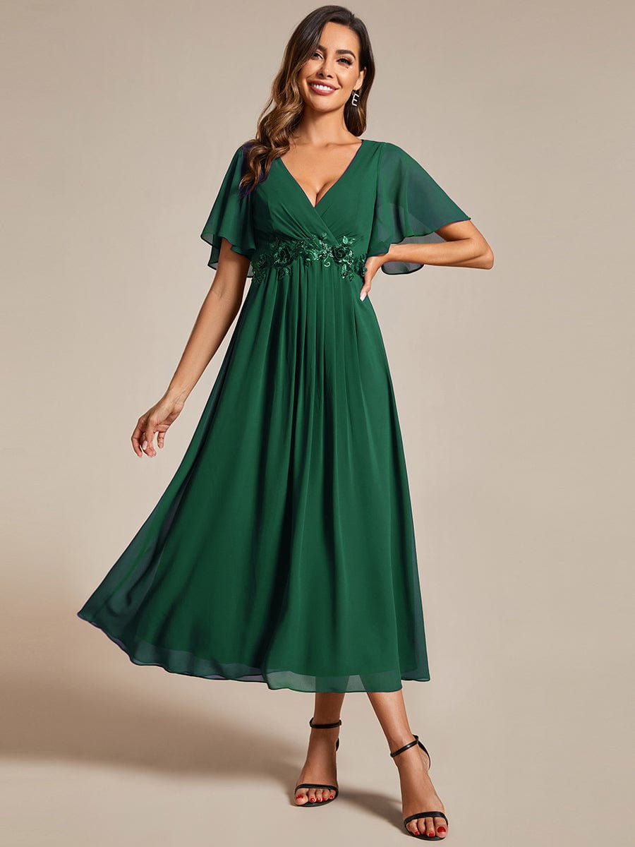 Short Sleeves V-Neck Tea Length Wedding Guest Dress with Floral Applique #color_Dark Green