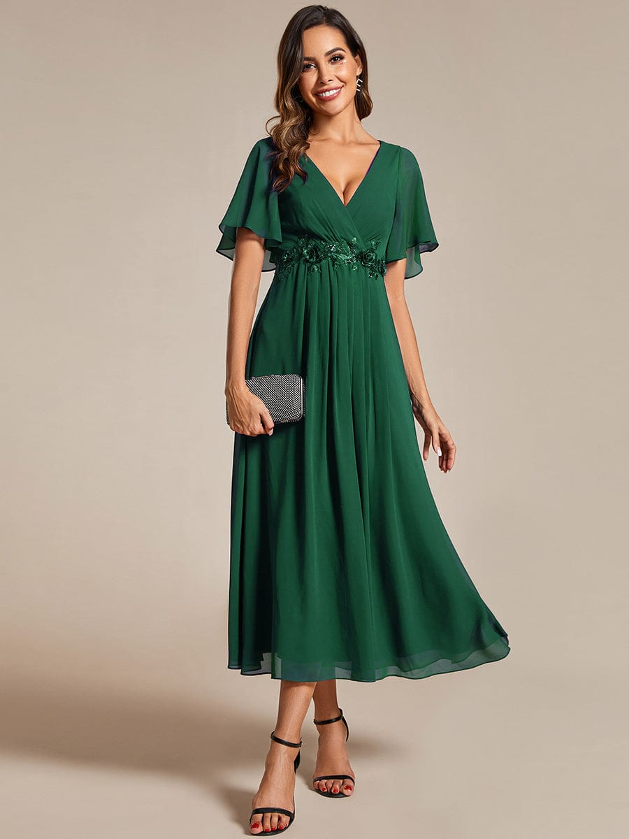 Short Sleeves V-Neck Tea Length Wedding Guest Dress with Floral Applique #color_Dark Green