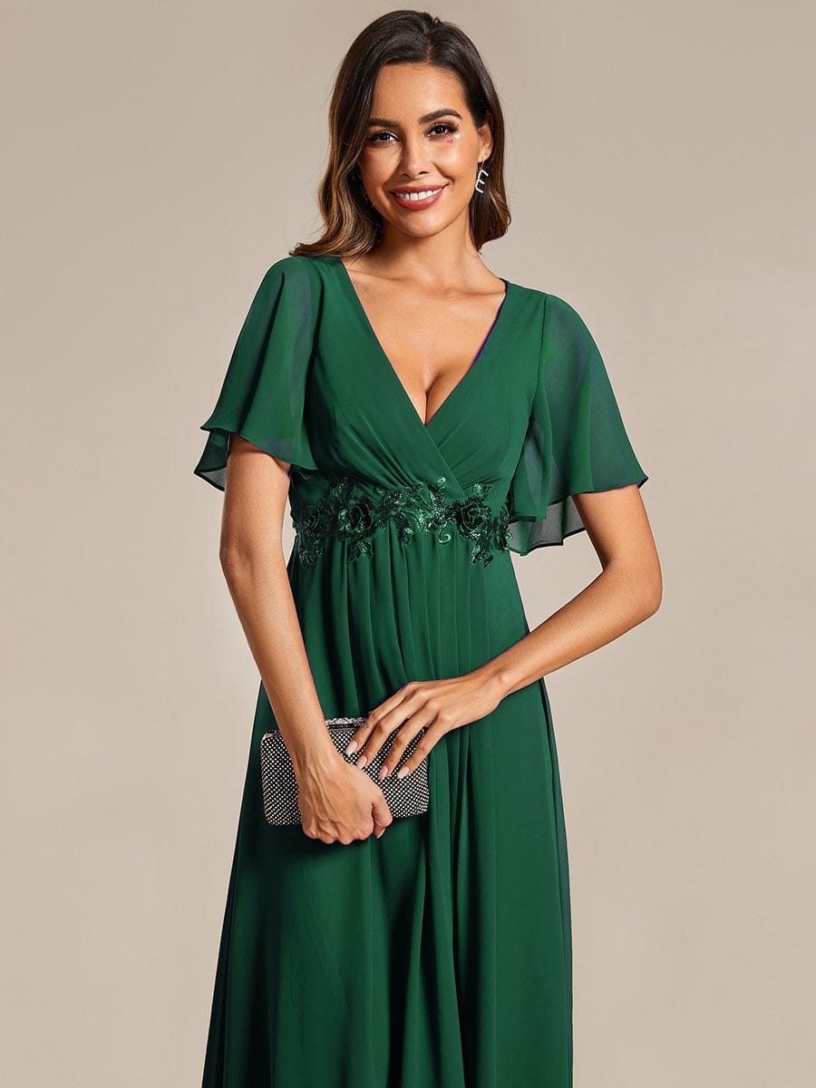 Short Sleeves V-Neck Tea Length Wedding Guest Dress with Floral Applique #color_Dark Green